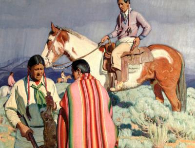 Pintura de un indígena a caballo y de otros dos indígenas con un conejo muerto tras una cacería